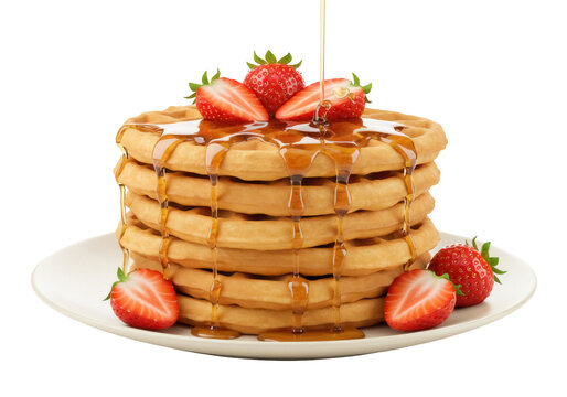 Stack of waffles with strawberries and syrup isolated PNG, delicious breakfast dessert on transparent background