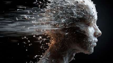 Human Head Dissolving into Floating Data Fragments