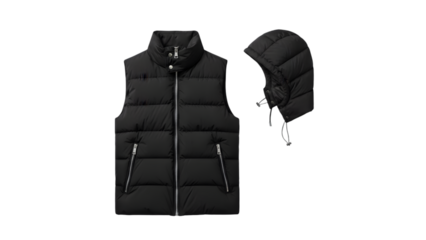Black puffer vest and neck warmer on transparent background for fashion