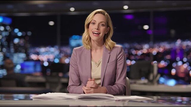 Female News Anchor Presenter Speaking in Modern Studio at Night