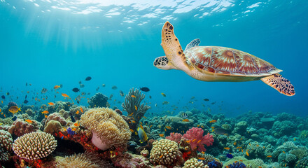Fototapeta premium Underwater scene with a sea turtle swimming gracefully over a vibrant coral reef teeming with small fish, illuminated by sun rays filtering from above