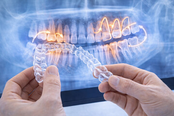 Clear dental aligner held before x ray showing hologram style overlay of dental anatomy x ray medical technology visualization