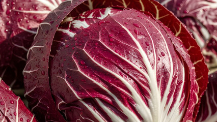 Obraz premium Fresh red cabbage leaves with water droplets close-up