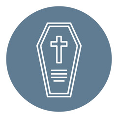 Obraz premium Simple line icon of a coffin with a cross symbol inside, representing death, funeral, or burial service concept on a blue circle background