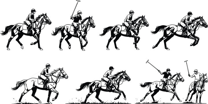 Polo players on horseback galloping, striking, and riding collection, action sports collection, black and white flat vector illustration, set of eight different poses, cad drawing.