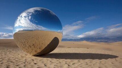 Floating Chrome Sphere Above Desert Landscape – Surreal Perspective