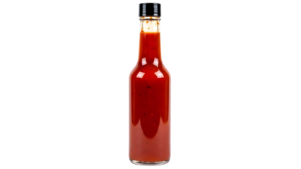 Glass bottle of red hot sauce isolated on a transparent background condiment food drink