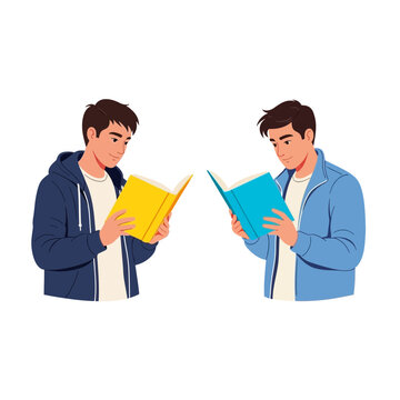 Two young man student reading book facing each other