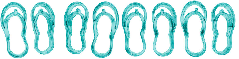 Set of four 3D slippers shapes in frosted blue ice glass style, isolated on a transparent background. Glassmorphism icons and 3D elements for modern graphic design.