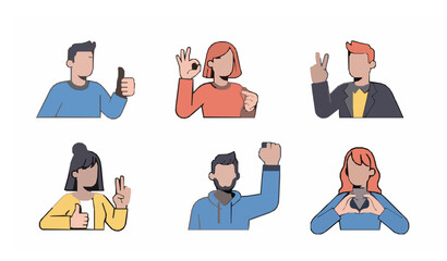 Minimal cartoon people characters showing happy emotions and positive body language gestures