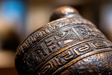 Bronze Vessel with Ancient Carvings Under Soft Studio Lighting on Dark Background