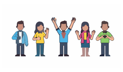 Happy cartoon people showing positive hand gestures and body language flat vector illustration
