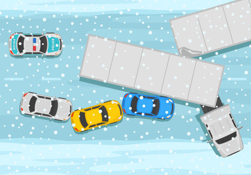 Car driving rules and tips in winter season. Massive traffic accident scene on icy road. Top view. Heavy vehicle blocked all the traffic. Police came to investigate. Flat vector illustration template.