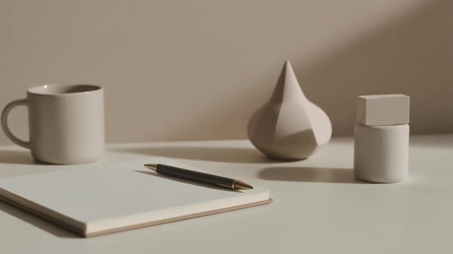 A minimalist desk setup with a mug, abstract sculptures, notebook, and pen in neutral tones.