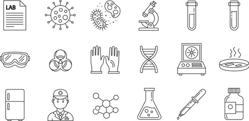 Science and Biology Laboratory Thin Line Icon Set - Medical Research, Microbiology, and Genetics Vector Illustrations
