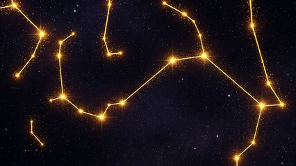 Astrological constellations light up the starry night sky with a golden glow