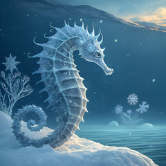 A majestic ice seahorse emerges from a snowy underwater landscape, surrounded by delicate snowflakes and icy formations.
