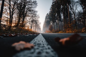 Autumn Road Leading into Forest Under Soft Sunlight and Mist with Fallen Brown Leaves Near White Dividing Line on Black Asphalt Road