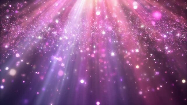 Vibrant abstract background with shimmering purple and pink light rays and sparkling particles.