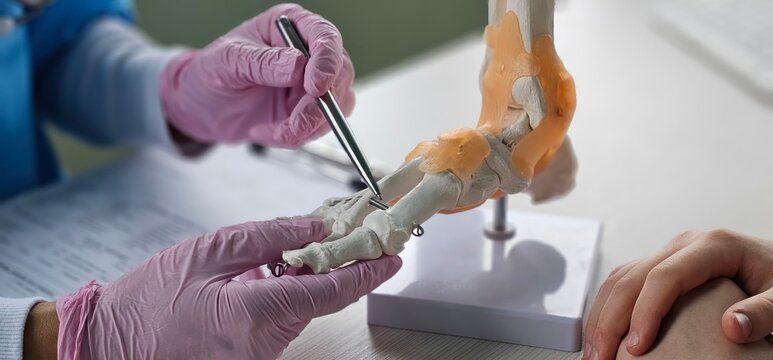 Podiatrist showing anatomical foot skeleton model concept