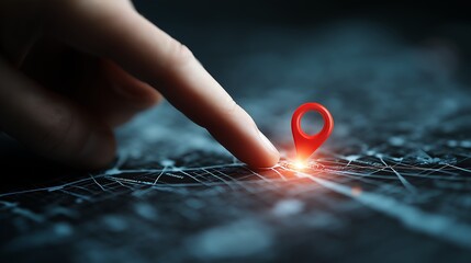 Person s finger touching red location pin on digital interactive map display