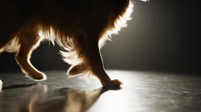 A low-angle shot of a golden retriever's legs and paws illuminated by a spotlight, highlighting its fur and movement on a reflective surface