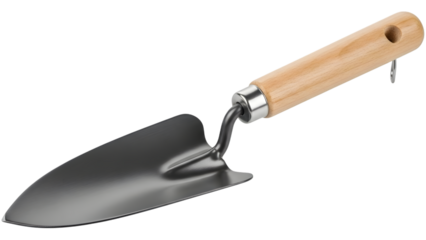Hand trowel with wooden handle and metallic blade for gardening isolated on a transparent background