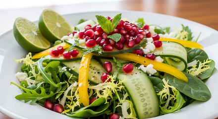 Fresh green salad with pomegranate and lime