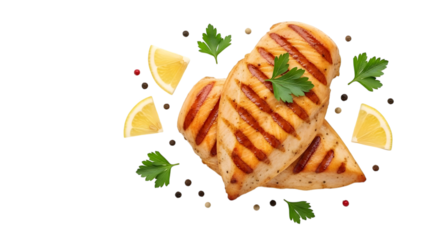 Grilled chicken breast with lemon slices and herbs isolated on a transparent background