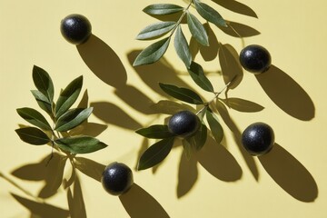 Olive Branch Still Life on Yellow Background Showing Dark Blue Olives and Green Leaves Casting Shadows In Bright Sunlight For Conceptual Use
