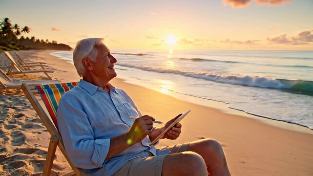 Elderly gentleman finding tranquility and connection, using modern technology on a serene tropical beach at dusk
