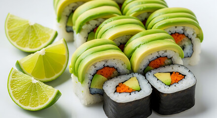 Fresh avocado and crab sushi roll with lime