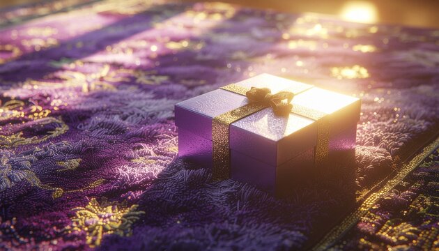 Box on a Richly Textured Carpet. Gift box with sparkling light. A purple gift box sitting on a richly textured dark carpet featuring a soft radial golden glow emanating from the slightly open lid.

