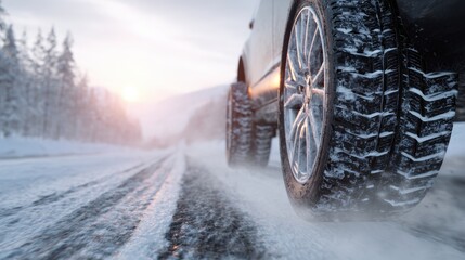 Close-up of winter car tires driving on snowy icy road in cold weather conditions