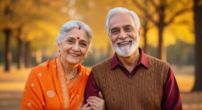 Joyful Indian Senior Couple Smiling Together in Golden Park