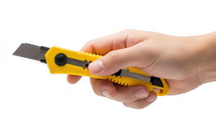 Hand holding a utility knife isolated on transparent background