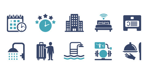 Hotel Service Icons Featuring Calendar Clock Building Bed Wi- Fi Shower Suitcase Pool Gym and Food