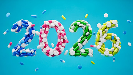 Year 2026 numerical concept constructed from colorful pharmaceutical pills and capsules against blue on white background