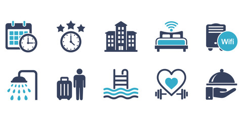 Hotel Service Icons Featuring Amenities, Travel, and Leisure vector illustration