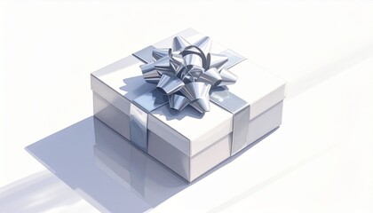Elegant white gift box with a shimmering silver ribbon and bow, casting a soft shadow on a white background
