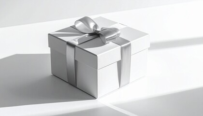 Elegant White Gift Box Tied with a Silver Ribbon, Casting a Shadow on a White Surface Under Soft Lighting