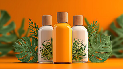 Three cosmetic bottles with wooden caps surrounded by tropical leaves AI Generated