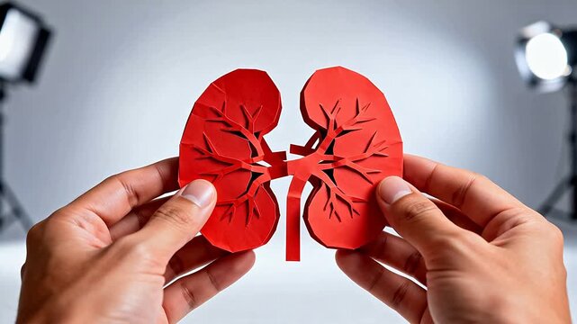 Hands holding red paper kidney model