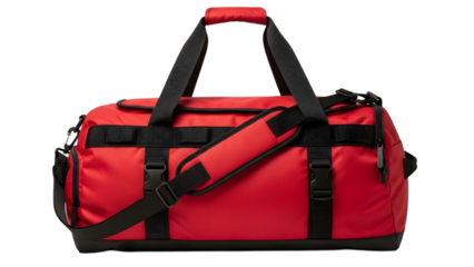 Large red cylindrical duffel bag with black straps and buckles isolated on a transparent background cylindrical bag