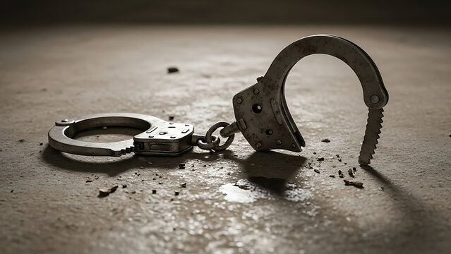 Handcuffs broken and lying on a concrete surface, symbolizing freedom and escape