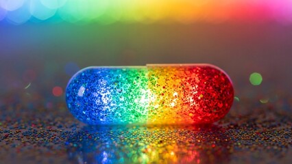 Rainbow glitter capsule shimmers, evoking vibrant happiness and positivity on a sparkling surface under colorful bokeh lights