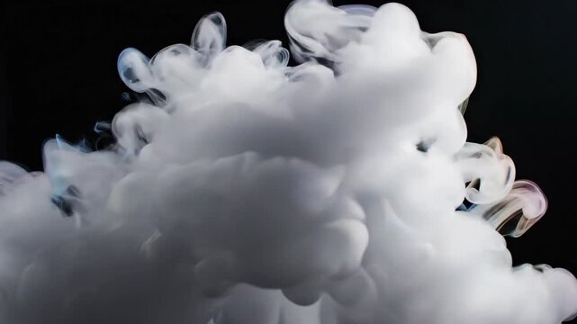 Billowing cloud of white smoke, wisps form abstract shapes on a black background