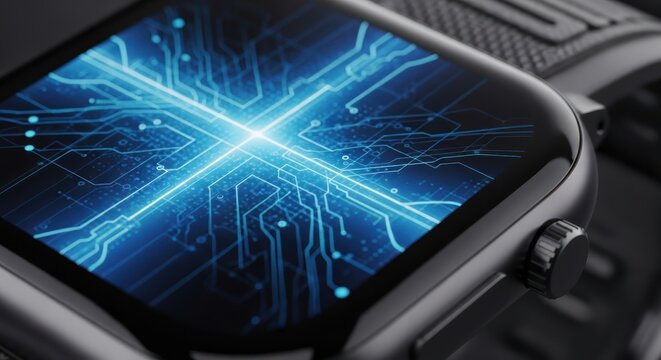 Futuristic smartwatch displaying digital circuit board technology graphic - Powered by Adobe