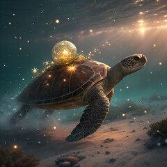 A magical sea turtle swims underwater with a glowing orb on its shell, surrounded by sparkling lights.