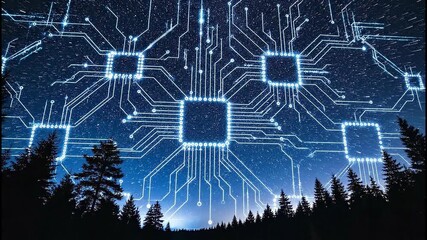 A futuristic digital landscape with glowing circuit board patterns overlaying a starry night sky above a forest silhouette. - Powered by Adobe